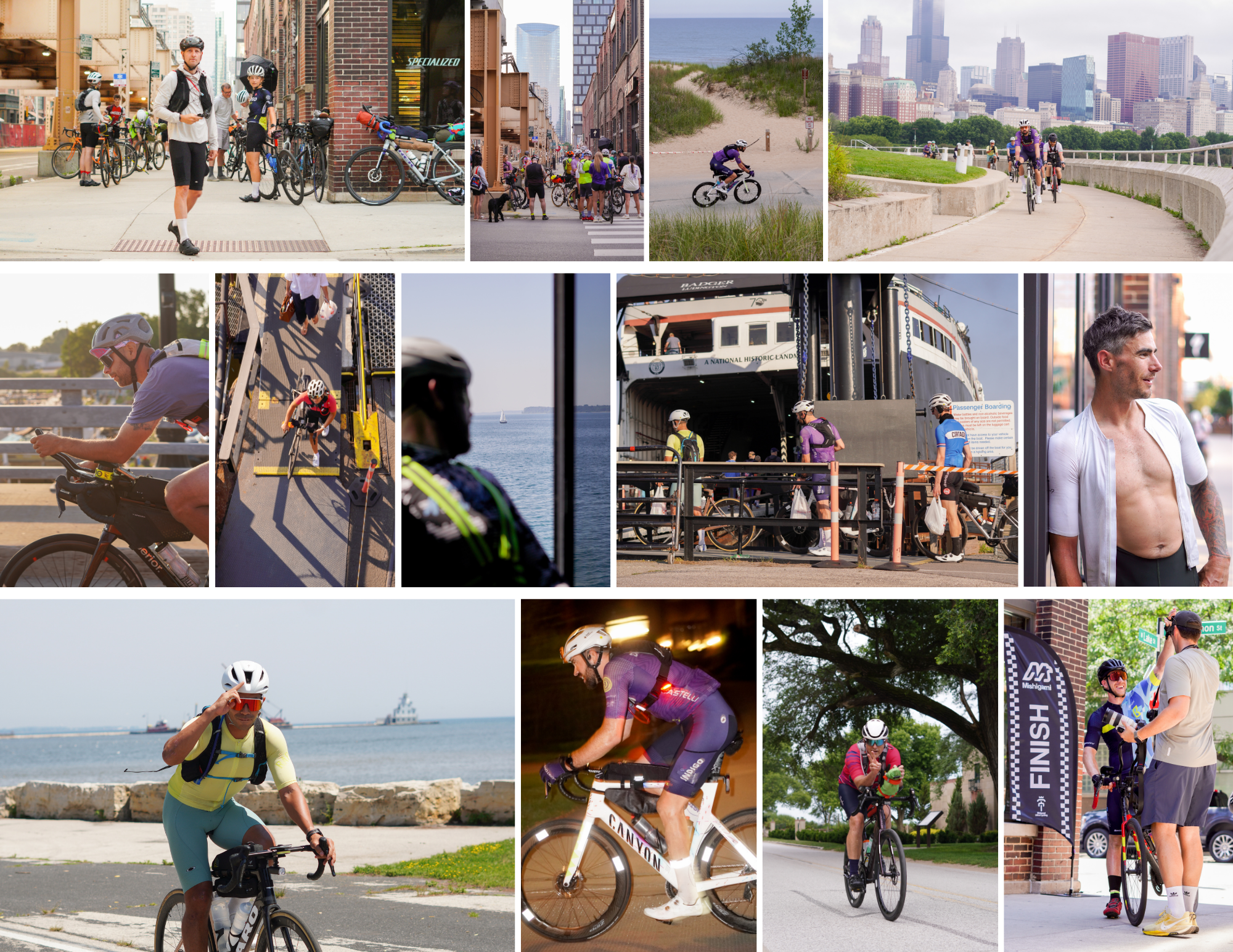 candid photographs of ultra cyclists riding taround lake michigan during the mishigami bike race in chicago